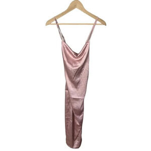 NWT Shein Satin Pink Cowl Neck Side Slit Size 6 Midi Dress Polyester Ruched Wm’s
